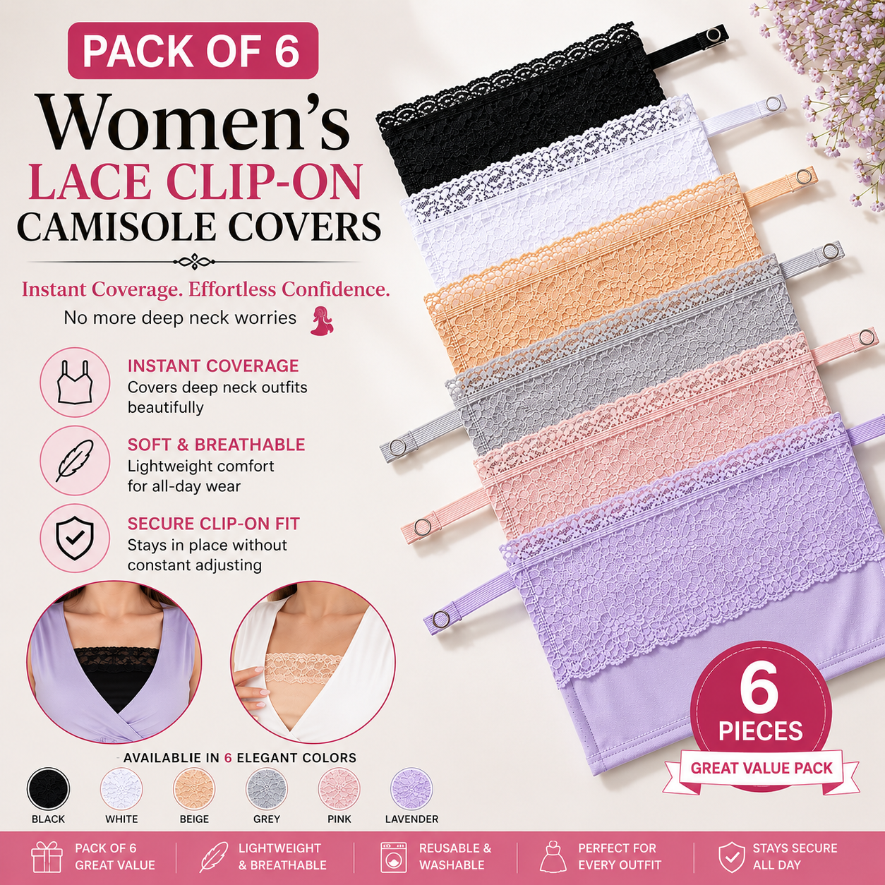 ConfiCover Lace Clip On Camisole Set (Pack of 6)